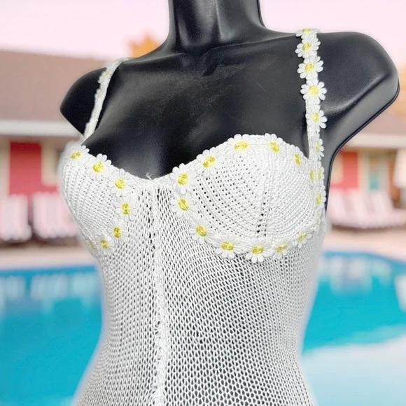 New S Daisy Romper Crochet Knit Bodysuit White Vintage Festival Outfit Retro - Picture 2 of 4